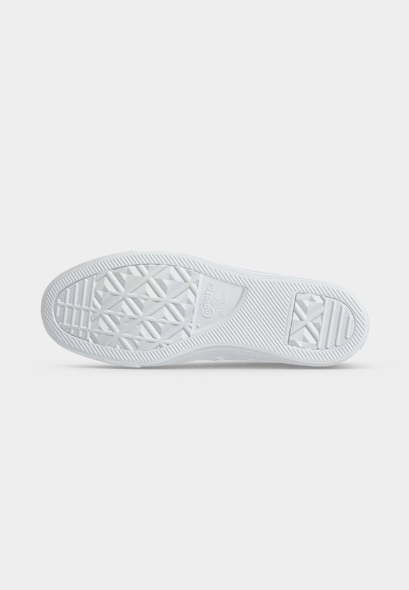 Weiße Gummisohle eines Sneakers mit strukturierten Profilmustern, einschließlich Diamantformen und gerillten Bereichen, gebrandet mit dem Text "Converse All Star".