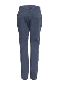 Pantalones oscuros azul marino con una textura suave, de corte ajustado y dos bolsillos traseros. La cinturilla es elástica para mayor comodidad.