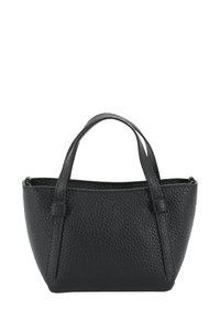 Schwarze, strukturiert e Lederhandtasche mit zwei kurzen Griffen, einem rechteckigen Boden und einer offenen Oberseite.