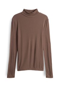 Maglione a maniche lunghe marrone con colletto alto, realizzato in tessuto morbido, con una vestibilità ampia, colletto alto e orlo dritto. Nessun motivo o accessorio visibile.