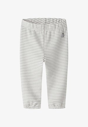 White baby leggings with thin horizontal gray stripes and a small embroidered gray bear and flower on the upper left side.