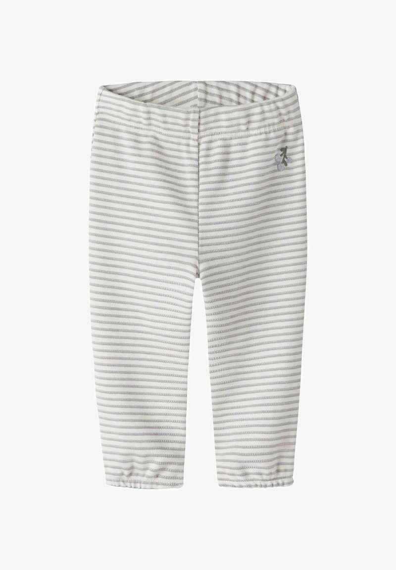 Leggings blancs pour bébé avec de fines rayures horizontales grises et un petit ours gris brodé avec une fleur sur le côté supérieur gauche.