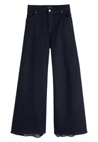 Pantalons en denim foncé à jambes larges, avec une taille haute, des poches avant et un ourlet légèrement effiloché en bas. Fermeture classique à bouton et fermeture éclair.