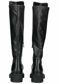 Botas negras hasta la rodilla hechas de cuero suave, con un diseño ajustado, cremalleras traseras y una suela de plataforma gruesa.