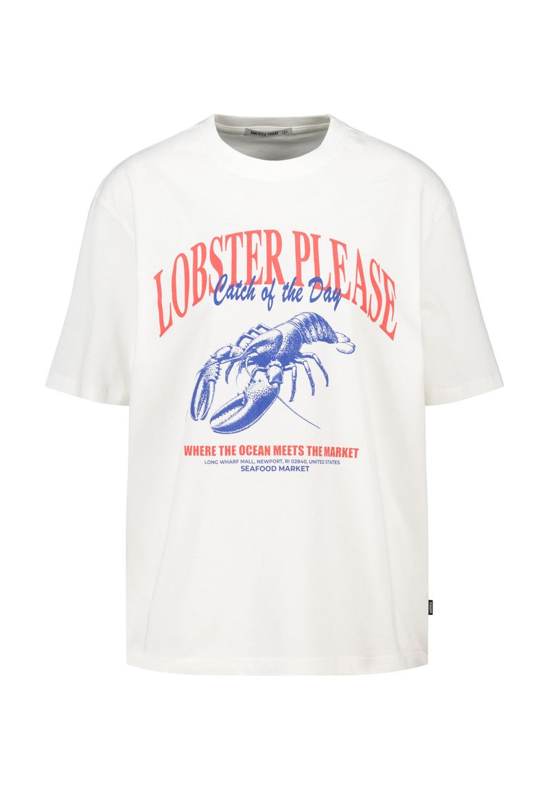 White cotton t-shirt featuring a blue lobster graphic and red text. Text reads "LOBSTER PLEASE" and "Catch of the Day" with additional details below.