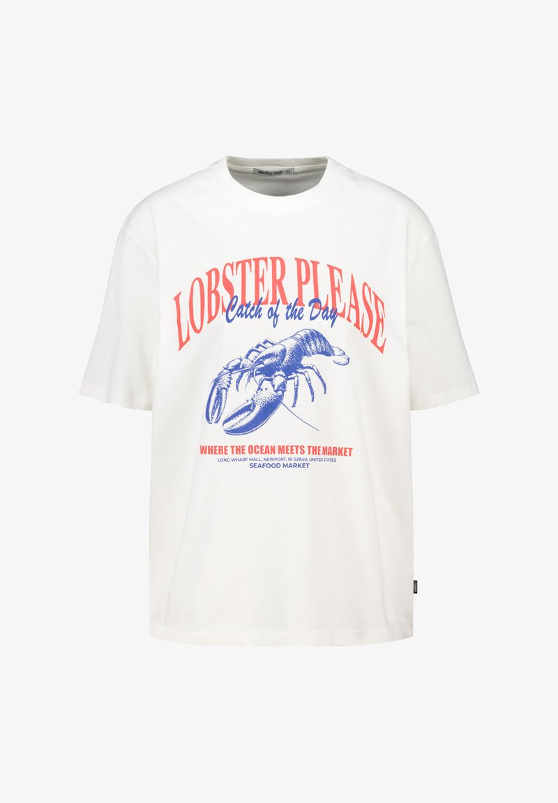 White cotton t-shirt featuring a blue lobster graphic and red text. Text reads "LOBSTER PLEASE" and "Catch of the Day" with additional details below.