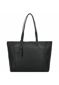Schwarze Leder-Tote mit einer genoppten Textur, rechteckiger Form und langen Schulterriemen. Verfügt über ein kleines hängendes Etikett zur Detailverzierung.