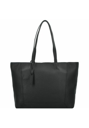 Schwarze Leder-Tote mit einer genoppten Textur, rechteckiger Form und langen Schulterriemen. Verfügt über ein kleines hängendes Etikett zur Detailverzierung.