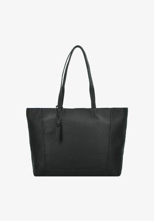 Borsa tote nera in pelle con una texture a ciottoli, forma rettangolare e lunghe tracolle. Presenta un piccolo etichetta appesa per un tocco di dettaglio.