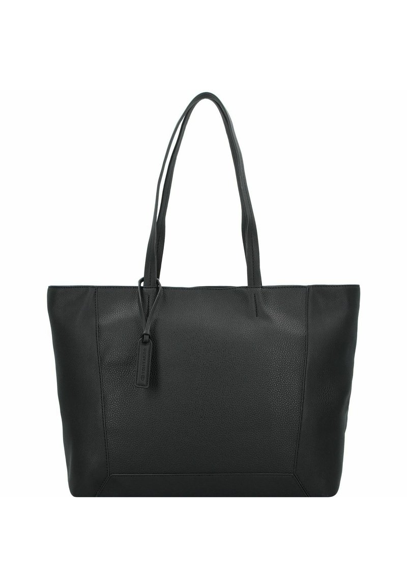 Schwarze Leder-Tote mit einer genoppten Textur, rechteckiger Form und langen Schulterriemen. Verfügt über ein kleines hängendes Etikett zur Detailverzierung.