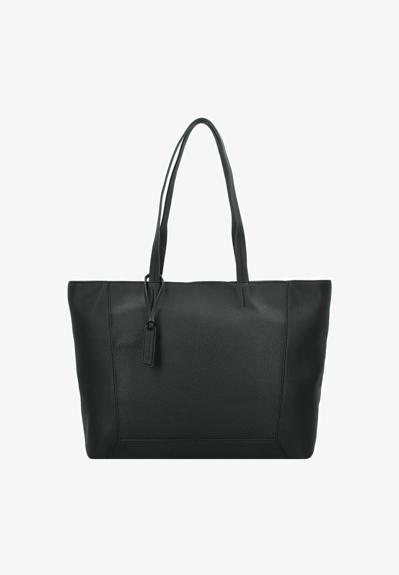Zwart lederen tote bag met een gerimpelde textuur, rechthoekige vorm en lange schouderbanden. Beschikt over een klein hanglabel voor extra detail.