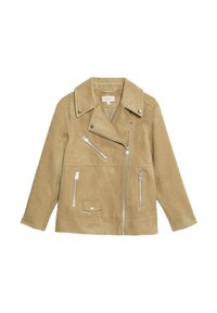 Béžová sametová moto bunda s špičatým límcem, asymetrickým zipem a stříbrným kováním. Obsahuje zipové kapsy a zkrácený střih.