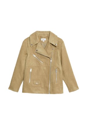 Tan ruskinds moto-jakke med spidse kraver, asymmetrisk lynlås og sølvhardware. Har lynlåslommer og et cropped design.