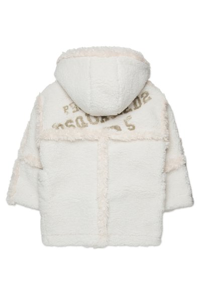 White faux fur jacket with a hood, featuring a textured surface, contrasting light seams, and printed text in gold on the back.