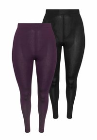 Dos pares de leggings en morado y negro. Hechos de un tejido elástico y texturizado con una cintura alta para un ajuste ceñido.