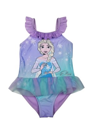 Kleinkinder-Badeanzug in Lila und Blau mit gerafften Trägern und Rock, der Elsa aus Frozen umgeben von Schneeflocken zeigt.