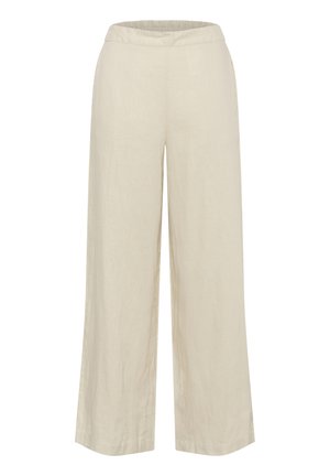 Pantalons large en lin léger de couleur beige, avec une taille froncée et une texture lisse. L'ourlet est coupé droit sans embellissements.