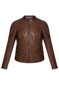 Brown leather jacket with a zip front, standing collar, and side pockets. Features smooth texture and tailored fit with minimal stitching.