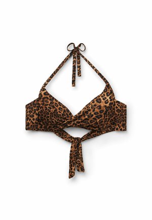 Leopardprint bikini-top med halterneck og bindelukning foran, med et omslagsdesign.