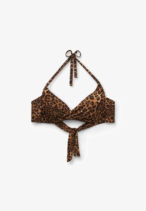 Leopardprint bikini-top med halterneck og bindelukning foran, med et omslagsdesign.