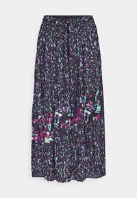 Czarna spódnica z marszczoną gumką w pasie, zdobiona kolorowym, abstrakcyjnym wzorem w odcieniach fioletu, zieleni i różu. Lekki materiał z plisami.