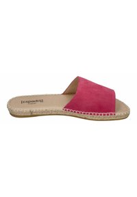 Pink suede slide sandals with a wide strap, jute rope detailing along the sole, and a flat tan footbed.