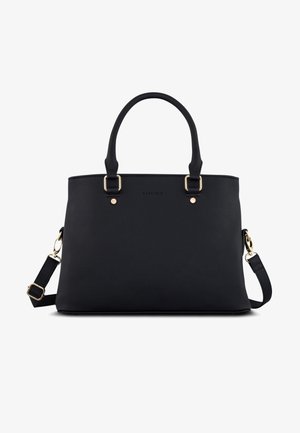 Bolso estructurado negro con dobles asas superiores, correa de hombro desmontable, herrajes en tono dorado y nombre de la marca sutilmente grabado en relieve en el frente.