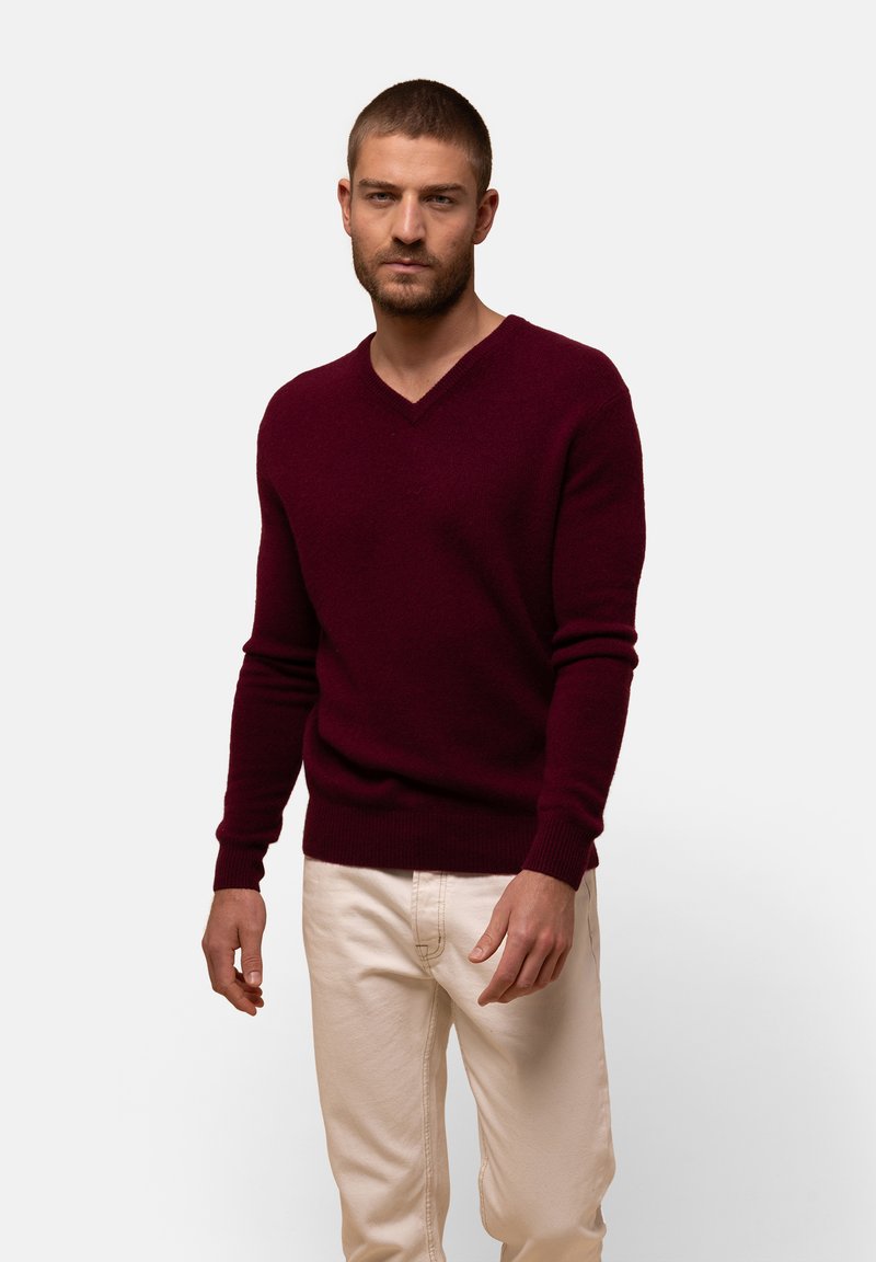 Bordeauxfarbener V-Ausschnitt-Pullover aus weichem Strickstoff, mit langen Ärmeln und gerippten Bündchen, kombiniert mit hellbeigen Hosen.
