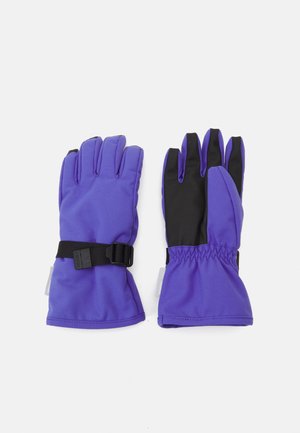 Lila Winterhandschuhe mit schwarzen Akzenten, aus weichem Stoff. Merkmale sind ein eng anliegendes Bündchen mit einem Riemen und separate Finger für Geschicklichkeit.