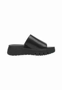 Zwarte leren slide-sandalen met een brede bovenste band en een gestructureerde zwarte rubberen zool met groeven voor grip.