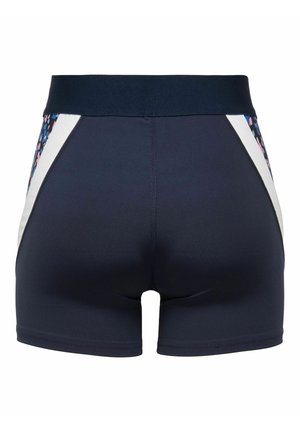Mørkeblå sportsshorts med hvide sidepaneler og flerfarvede spraglede detaljer, udstyret med en bred linning og sømdetaljer bagpå.
