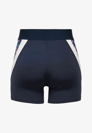 Shorts de sport bleu marine avec panneaux latéraux blancs et accents multicolores tachetés, dotés d'une large ceinture et de détails de couture arrière.