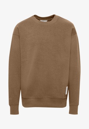 Pruun pullover-sweater, mis on valmistatud pehmest kangast, omades ümarat kaela, pikki varrukaid ning ribatud mansette ja ääri. Varrukal on väike logo.