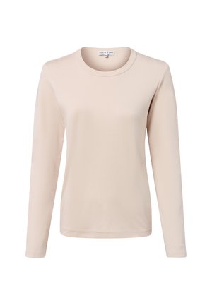 Light beige long-sleeve t-shirt made of soft fabric featuring a round neckline and a fitted design. Minimalist style with no patterns.