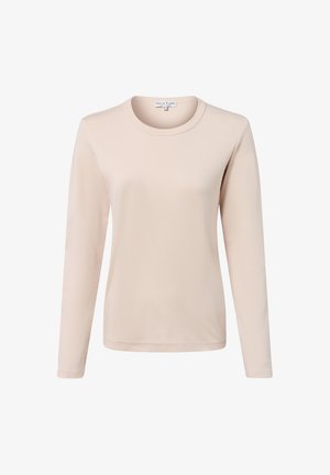 Jasno-beżowa, długosleeve'owa koszulka wykonana z miękkiego materiału, z okrągłym dekoltem i dopasowanym krojem. Minimalistyczny styl, bez wzorów.