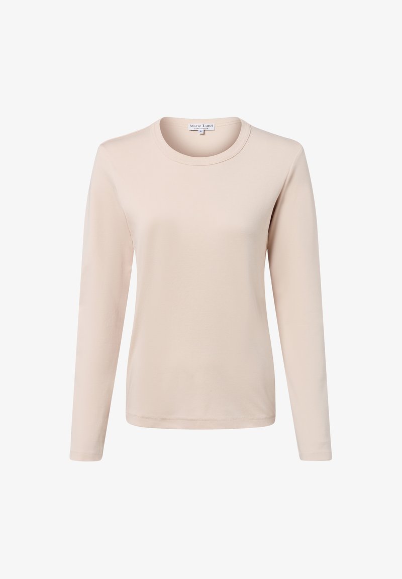 Jasno-beżowa, długosleeve'owa koszulka wykonana z miękkiego materiału, z okrągłym dekoltem i dopasowanym krojem. Minimalistyczny styl, bez wzorów.