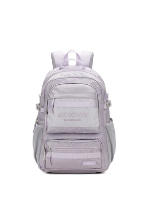 Light purple backpack with multiple zippered compartments, mesh side pockets, padded straps, and brand logo on the front pocket.