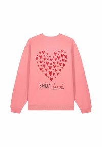 Pink sweatshirt featuring a heart design made of smaller red hearts, with the text "SWEET heart" in black below the graphic.