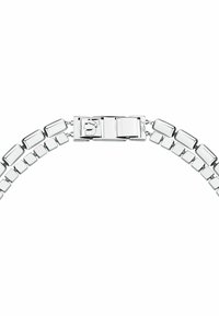 Bracciale in metallo argentato con link rettangolari, finitura lucida e chiusura a pieghe sicura, che mostra una superficie liscia e lucida.