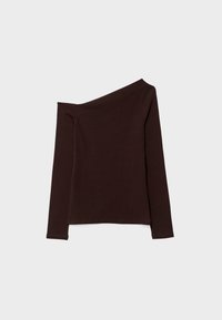 Dunkelbraunes Langarmoberteil mit asymmetrischem Ausschnitt. Hergestellt aus einem weichen, dehnbaren Stoff. Schlichtes, figurbetontes Design ohne Muster oder Beschläge.