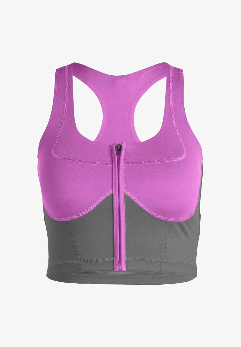 Sport bra featuring a front zipper, a gray base with a pink upper section, wide straps, and a smooth, stretchy fabric.