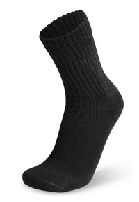 Schwarzer Knöchelsocken aus geripptem Strickmaterial. Hat eine abgerundete Zehenpartie und eine elastische Bündchen, die für einen sicheren Sitz sorgt.