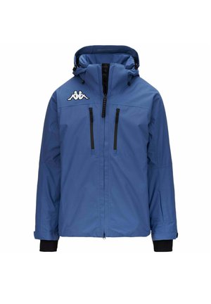 Giacca impermeabile blu con cappuccio, chiusura a cerniera, tasche con cerniera nere, polsini elasticizzati e logo bianco sul petto sinistro. Texture liscia.