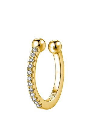 Anneau ouvert en or avec deux extrémités arrondies, un côté orné de petites pierres précieuses claires et scintillantes en une seule rangée.