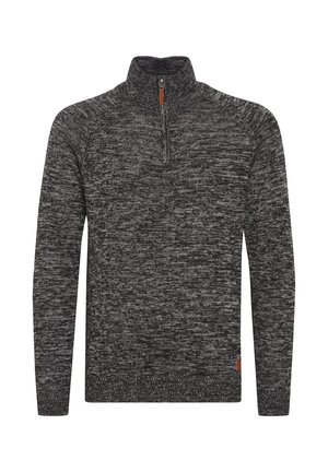 Zippered pullover sweater in black and grey marled knit. Features a stand collar and ribbed cuffs and hem. Subtle textured pattern throughout.