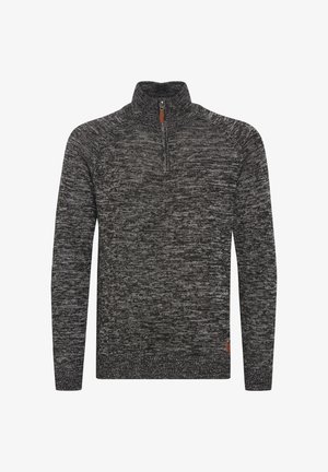 Pulover s patentnim zatvaračem u crnoj i sivoj melange pletenini. Ima stojeći ovratnik te rebraste manžete i rub. Suptilan teksturirani uzorak kroz cijelu površinu.