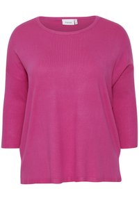 Suéter de punto fucsia con un corte holgado, escote redondeado, mangas de tres cuartos y dobladillo acanalado. Textura suave y diseño ligero.