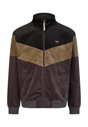 Men's zip-up jacket with black, brown, and dark brown color blocks, ribbed cuffs and hem, and a small crossed swords logo on the chest.