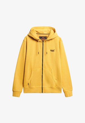 Gelbes Zip-Hoodie aus weichem Stoff, mit einer Kordelzugkapuze, Fronttaschen, gerippten Bündchen und eingesticktem Logo auf der Brust.