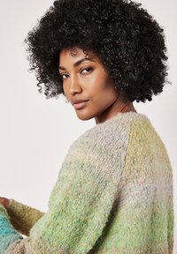 Lekko teksturowany sweter dzianinowy w zielonych i pastelowych odcieniach, z okrągłym dekoltem i opadającymi ramionami, o luźnym kroju.